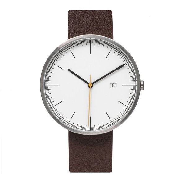 B202 SILVER/WHITE CALENDAR WATCH ON BROWN LEATHER - Picture 2 of 5